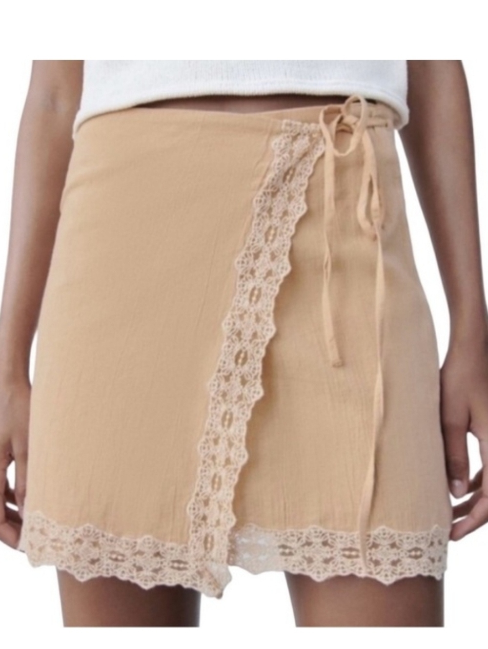 Zara Tan Linen Blend Lace Trim Wrap Mini Slip Skirt Boho Summer Earthly size M